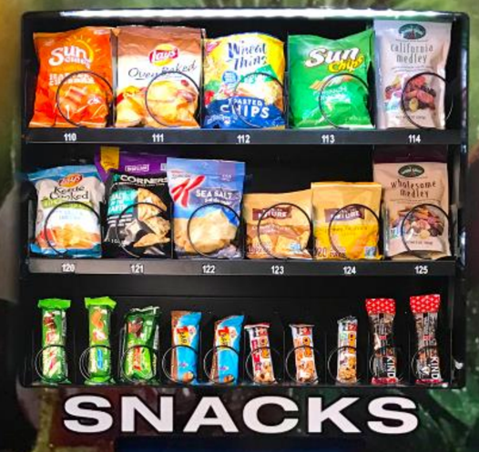 snacks on vending machine shevles.